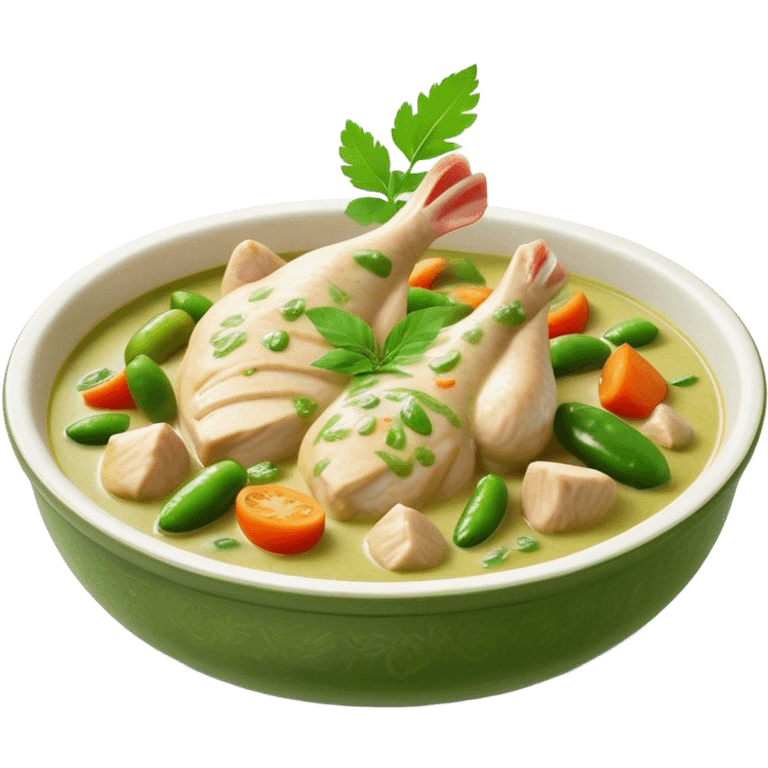 Cinematic Realistic Green Chicken Curry Dish Emoji, depicted with tender chicken simmered in a fragrant green curry sauce with vegetables rendered with rich textures and dynamic, vibrant lighting. emoji