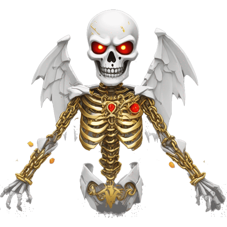 White skeleton zombie person covered in golden chains and black graffiti scribbles and red and silver doodles wings made of neon lightning snowing snowflakes emoji