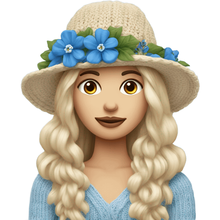 beautiful finnish long hair woman with blue eye knitting floral hat emoji