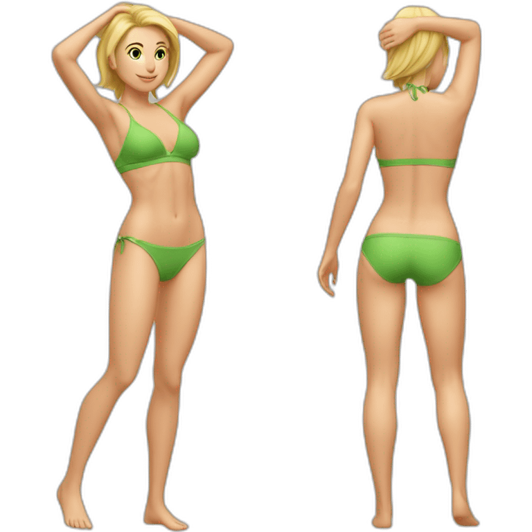 Soft-fit Caucasian woman bikini abs (hands-in-hair pose) (full body) couch emoji