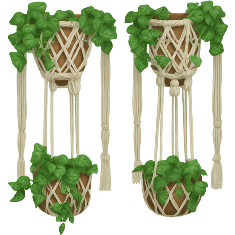 3 hanging pots in macrame plant holding with ivy in each pot  emoji