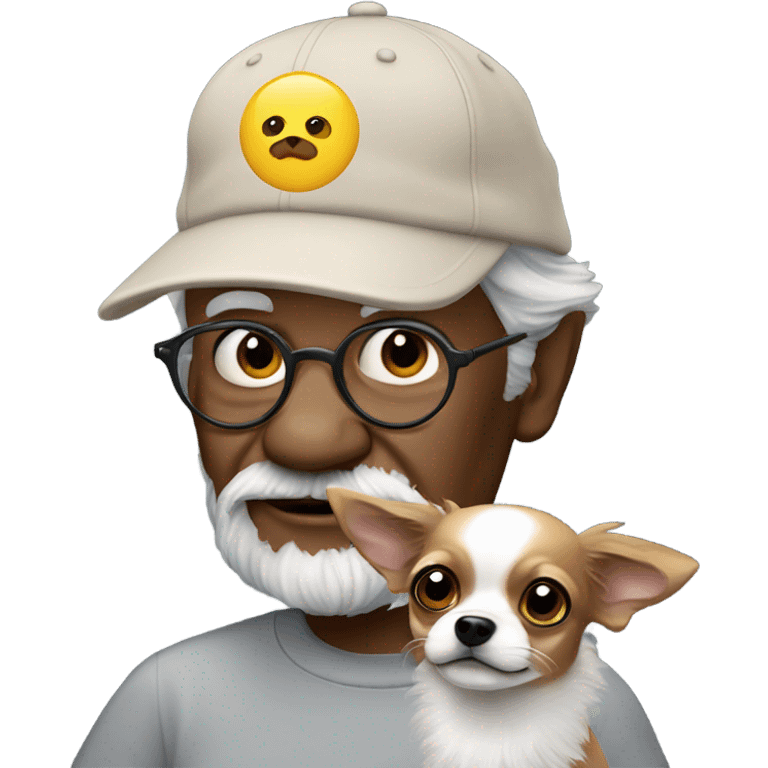 Old man in ball cap holding black long haired chihuahua  emoji