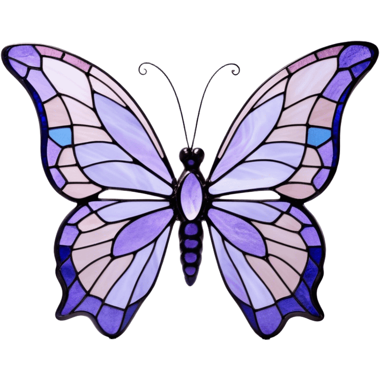 a stunningly detailed butterfly with lilac and ice-purple wings, adorned with an elegant mosaic-like pattern resembling stained glass. The wings should display a harmonious blend of swirling and geometric designs, giving them a mystical and artistic feel. The butterfly should have a graceful, elongated body with a subtle metallic sheen, enhancing its enchanting presence. emoji