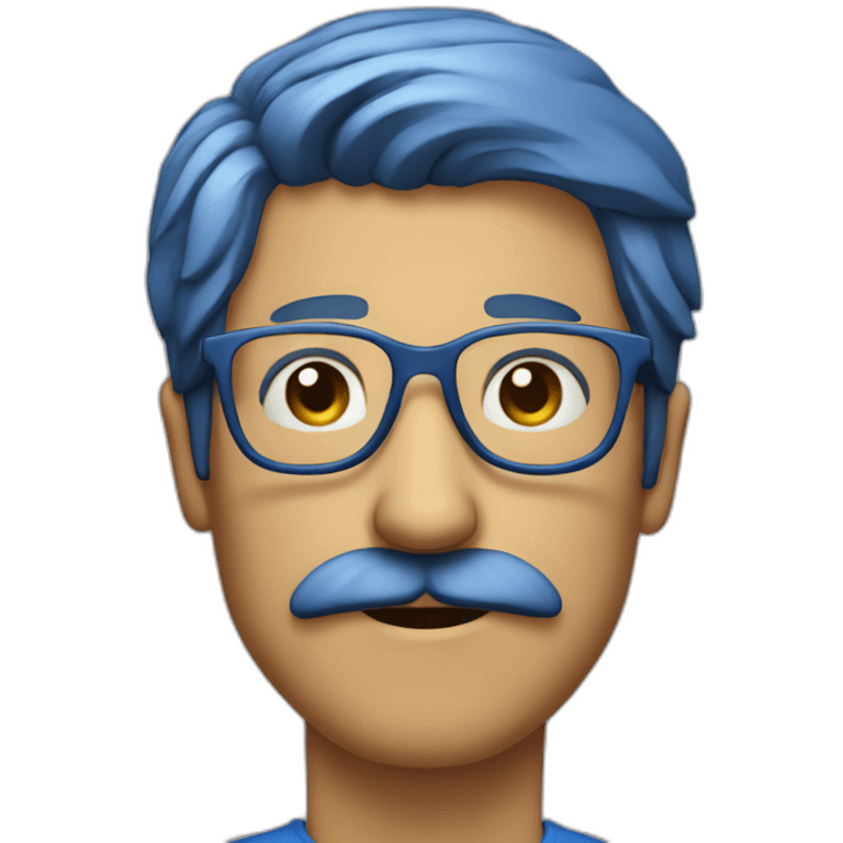 man He has a mustache Wearing glasses His hair is short His clothes are blue  emoji