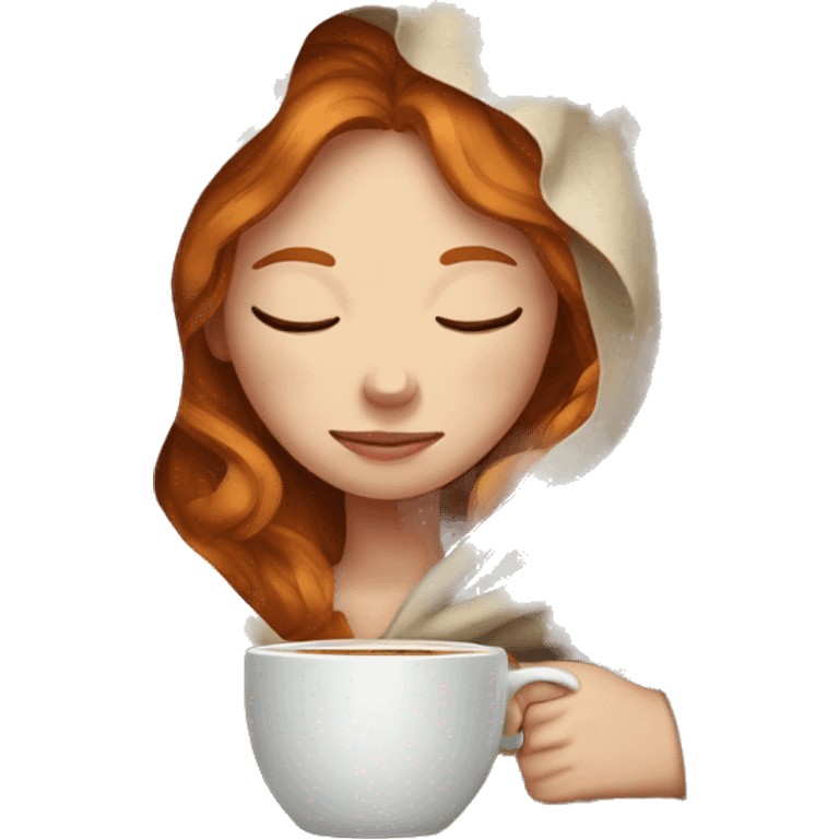 girl with Ginger hair inside a blanket sipping coffee eyes closed emoji