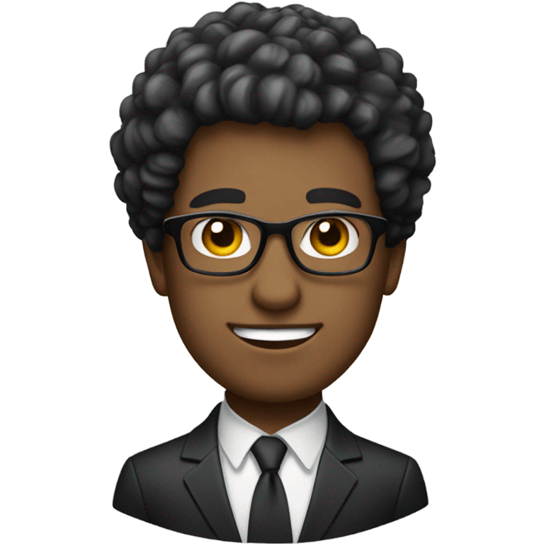 Create an emoji representation of a confident man with short curly hair, wearing glasses and a formal dark suit with a white shirt. The expression should be neutral yet professional, reflecting a determined and focused personality. emoji