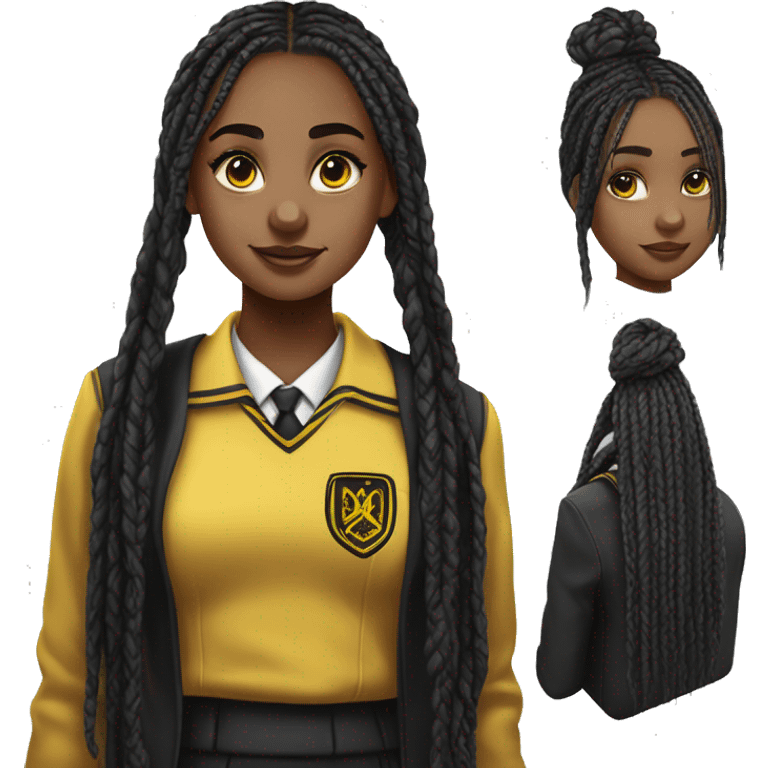  Hyper realistic girl with long black box braids wearing Hufflepuff school uniform emoji