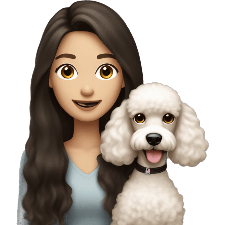 brown black hair black eyes long straight hair white skin woman smile With Brown Poodle Puppy  emoji