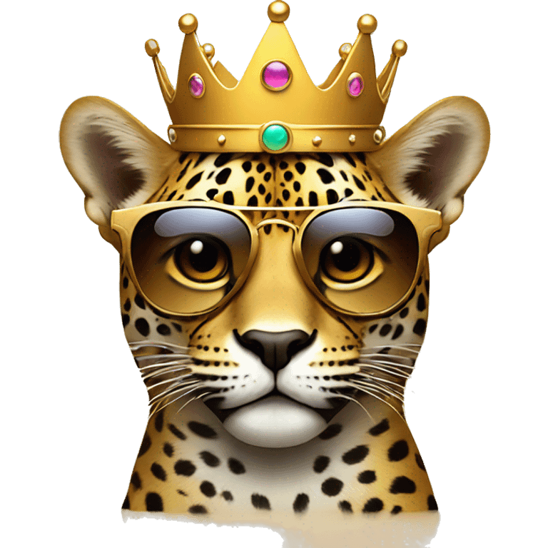 jaguar cat dj, cute emoji face, looking forward, wearing cool sunglasses, wearing over-ear headphones, wearing a fun crown on top of his head emoji