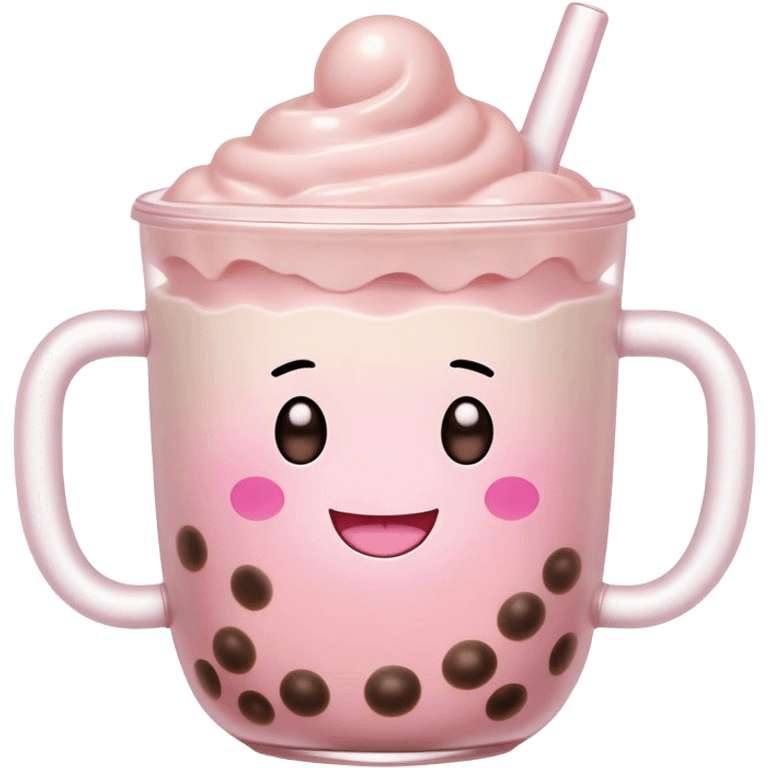 Cute Kawaii Boba Tea Cup, with a happy smiling face, chubby round shape, pastel pink and brown colors, soft glowing highlights, adorable tapioca pearls floating inside, sparkling eyes full of joy! emoji