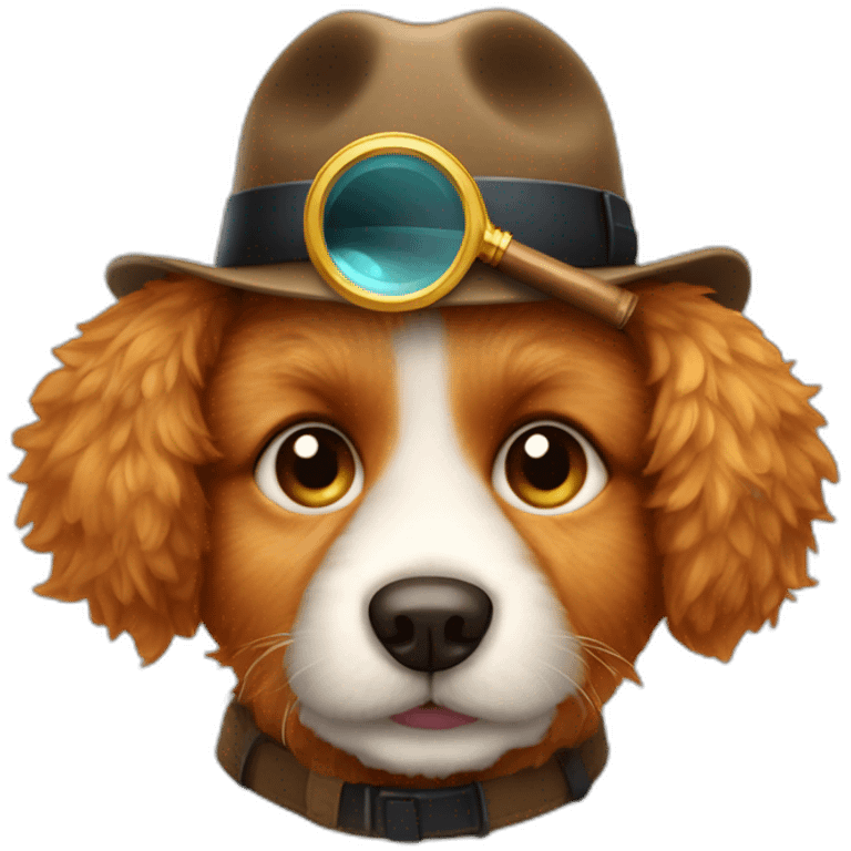 fluffy ginger dog with a detective's hat and magnifying glass emoji