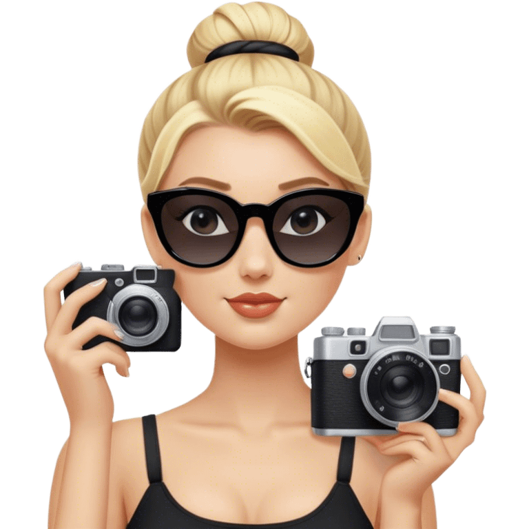 Blonde white girl with film camera wearing black sunglasses with a high bun emoji