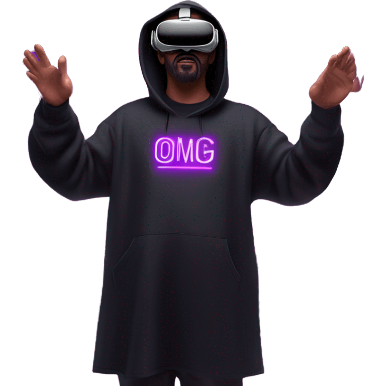 Big Lebowski wearing a black hoodie with "OMG" letters on it and VR headset oculus quest 2 in a cyberpunk VR environment with violet neon lighting. emoji