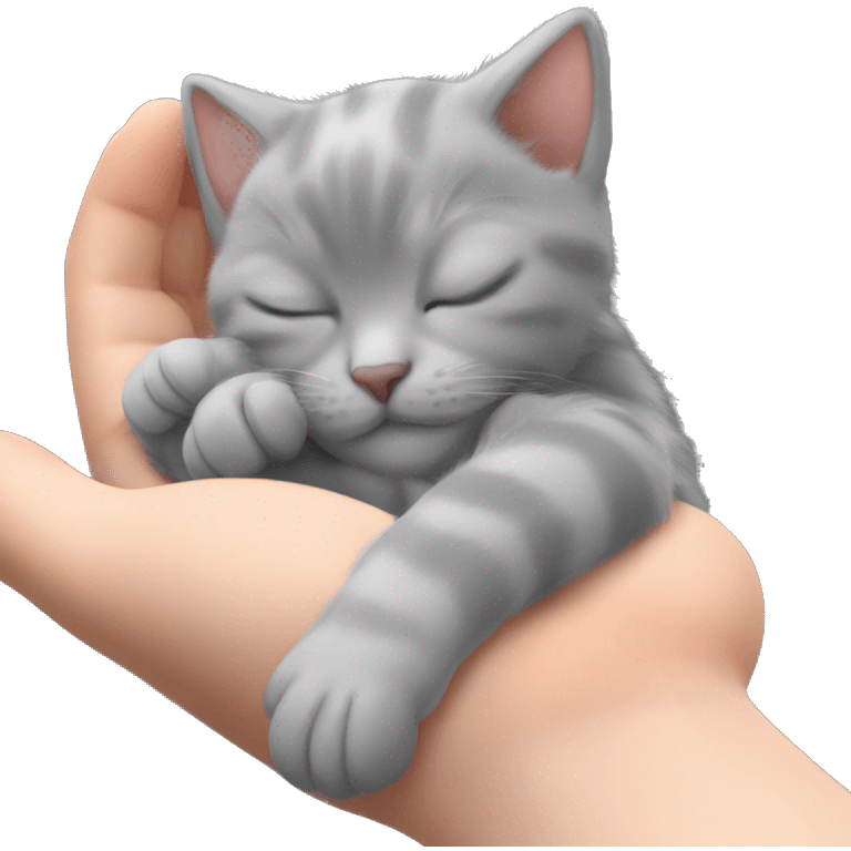 grey kitten sleeping on the girl’s hands  emoji