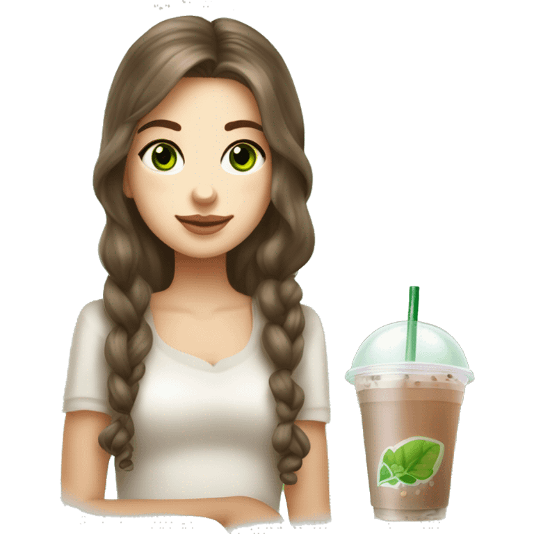 Slavic beautiful girl with brown hair and green eyes holding in hand bubble tea emoji