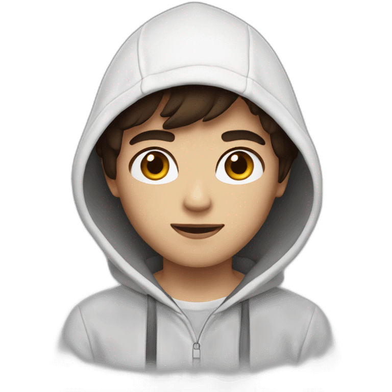 Boy with semi-long semi-dark brown hair with a white hoodie and black eyes emoji