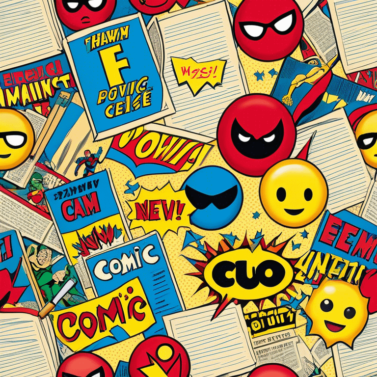 Create a vibrant emoji representing comic books and graphic novels as an art form. The design should feature a large, open comic book with vintage comic panels on the pages. Include a pencil (without a hand) gently writing text or sketching on the pages. The comic panels should have bold lines and retro-style artwork with classic comic book visuals. Use bright, energetic colors like red, yellow, and blue to evoke excitement and creativity. The overall design should feel dynamic, vintage, and artistic. Make the background transparent. emoji