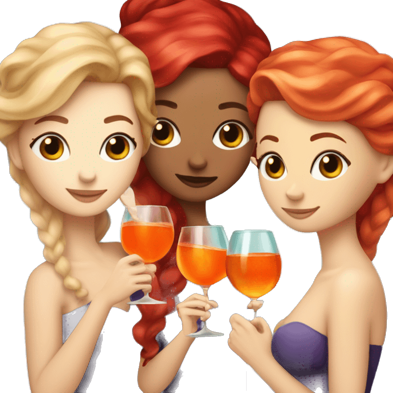 Three beautiful mermaids (one blond, one brown and one red hair) drinking aperol emoji