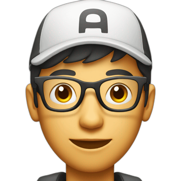 Young man with glasses and cap That it has the letter A and is red in color playing on a cell phone  emoji