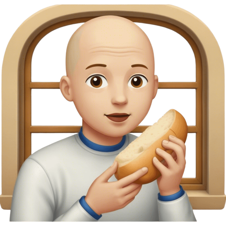 bald male by window eating bread emoji