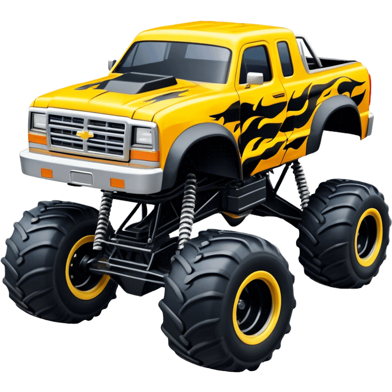 Maximum Destruction - Monster Jam (Model Year: 2021) (Iconic colour: Yellow with black flames) - A ferocious monster truck featuring a vivid yellow base accented by dramatic black flame patterns. Emphasize sharp, high-contrast flame streaks across the body, creating a look of aggressive, explosive energy. emoji