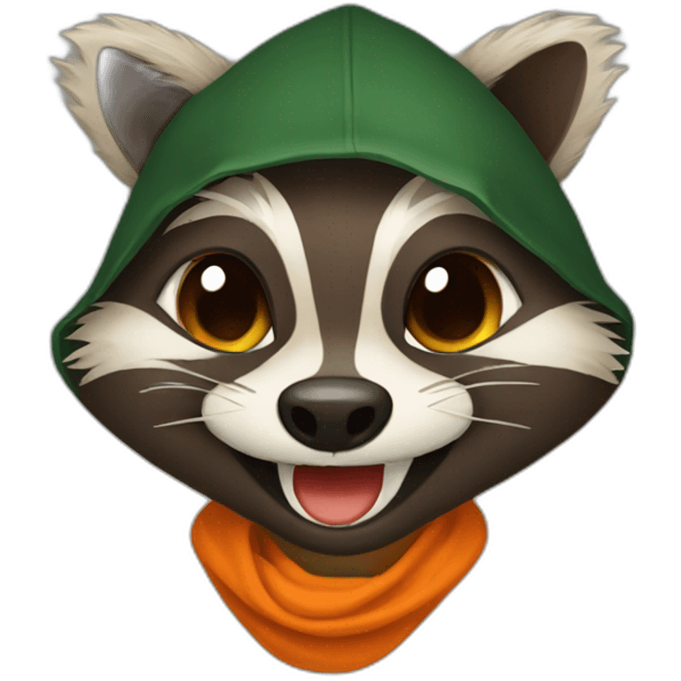 brown raccoon with orange eyes and a dark green hood that is laughing emoji