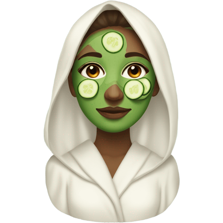 White girl with Brown hair and blue eyes wears a Green colored skincare clay textured mask and puts on cucumbers around her eyes while She relaxes in her white Robe emoji