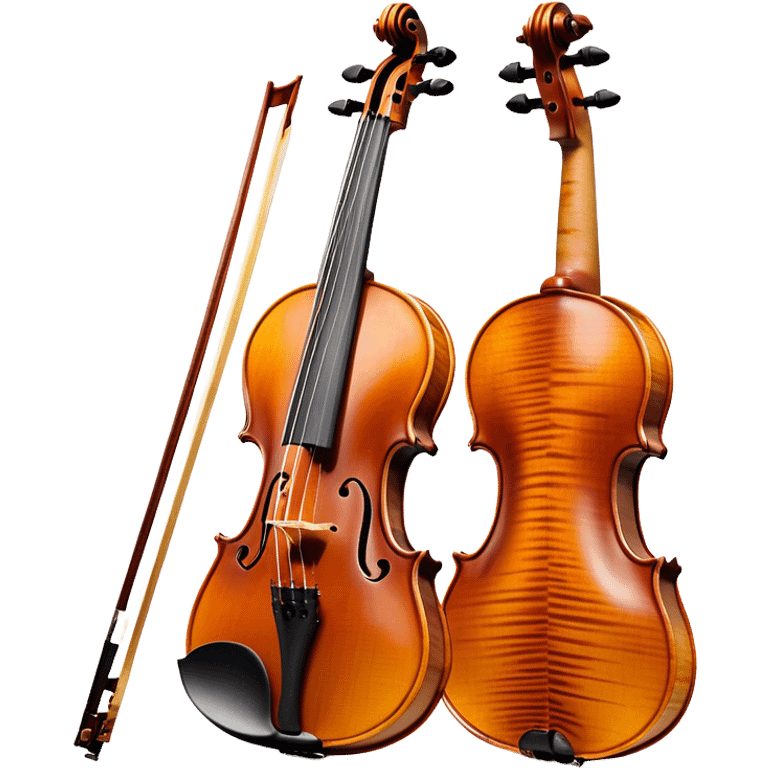 Create an elegant and detailed emoji representing a Stradivari violin. The design should showcase the finely crafted wooden body of the violin, with its smooth curves and rich, golden-brown wood finish. Highlight the intricate f-holes, fingerboard, and bridge. The bow should be placed next to the violin, with visible horsehair and a polished wooden stick. Use warm, deep wood tones for the body and subtle silver or gold accents for the fittings. Add a soft glow or light reflections to emphasize the exquisite craftsmanship and timeless beauty of the instrument. The background should be transparent. emoji