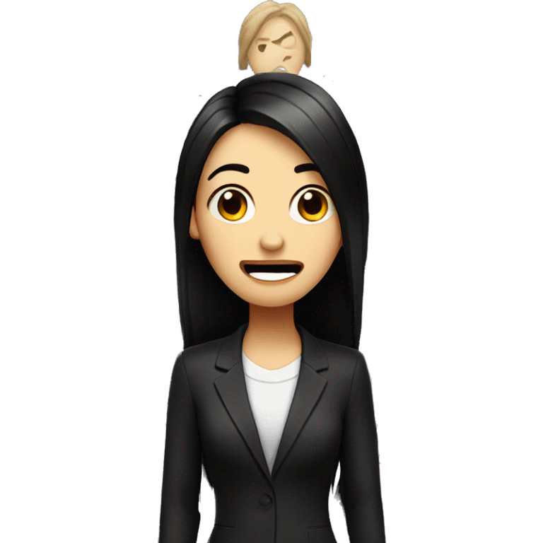 white woman with black long straight hair and brown eyes wearing a black suit, she is crying with laughter emoji