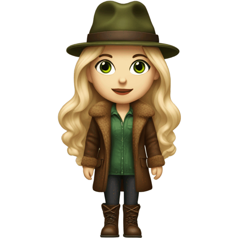 Realistic White girl with Long straight blonde hair, green eyes, tattoos, full body wearing Brown fur coat and fur hat and Brown leather boots, walking emoji