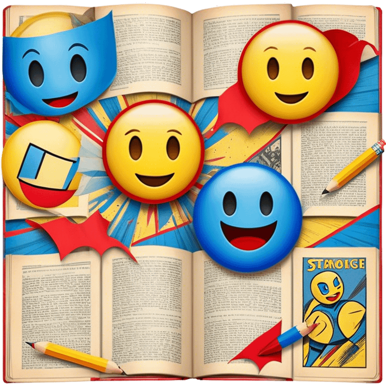 Create a vibrant emoji, representing comic books and graphic novels as an art form. The design should feature a large, opened comic book with vintage comic panels on the pages. Include a pencil (without a hand), writing text or sketching on the pages. The comic panels should have bold lines and retro-style artwork with classic comic book visuals. Use bright, energetic colors like red, yellow, and blue to evoke excitement and creativity. The overall design should feel dynamic, vintage, and artistic. Make the background transparent. emoji