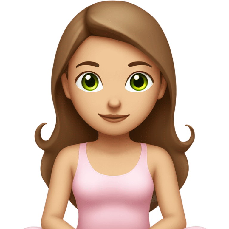 Brown long hair and green eyes yoga girl in light pink clothes sitting on a yoga mat emoji