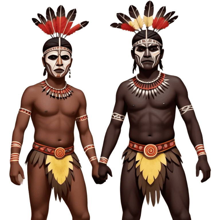 Cinematic Realistic scene of two indigenous male aboriginals performing an Aboriginal Corroboree, adorned in traditional body paint, A corroboree is an Australian Aboriginal ceremonial meeting. It usually includes celebration of Aboriginal mythology and spirituality, which is based in the Dreaming emoji