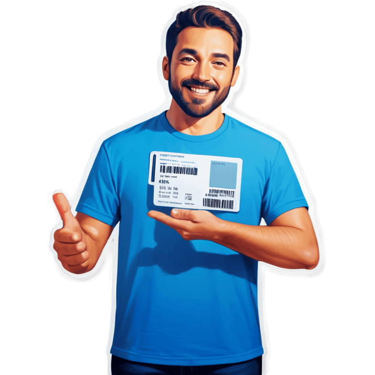 Man with pacific blue t-shirt that make a scan to a ticket emoji