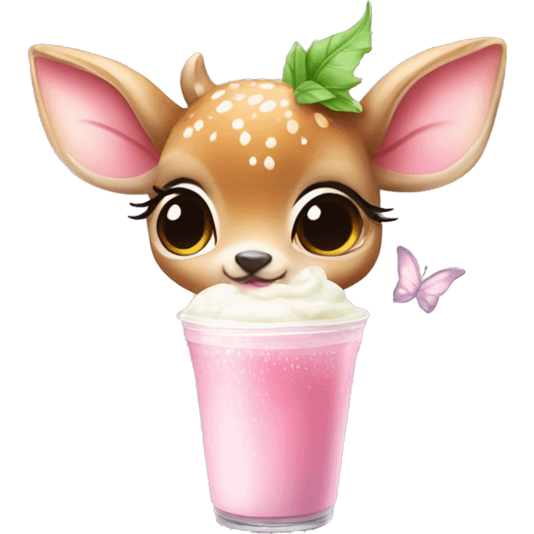 baby deer with fairy wings and a pink bow around its neck drinking iced matcha latte  emoji