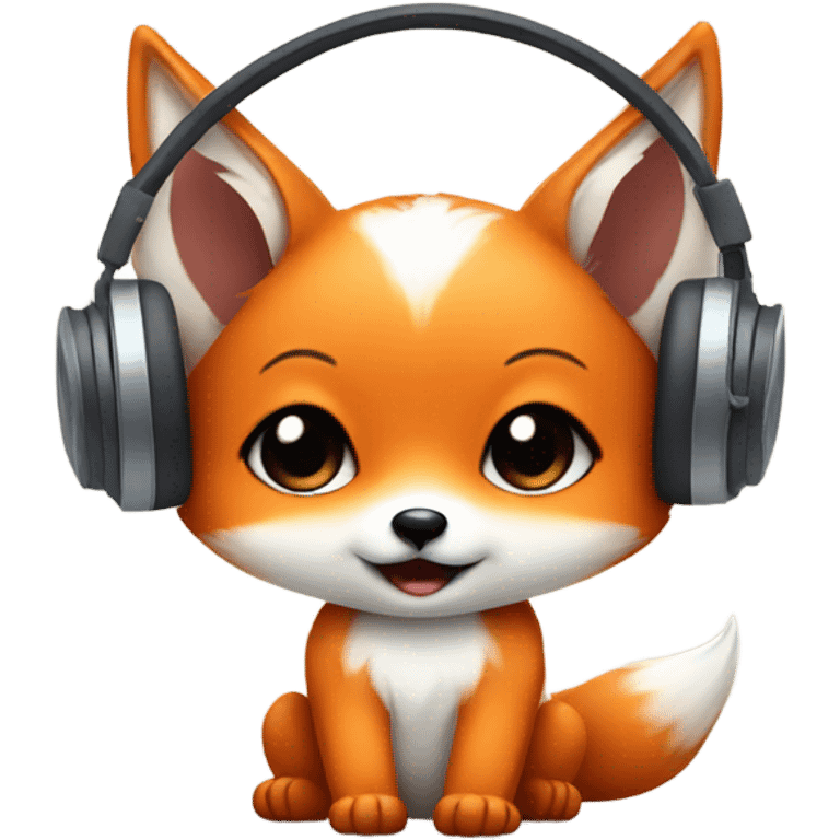 Detailled Baby kawaii fox with headphones on ears emoji