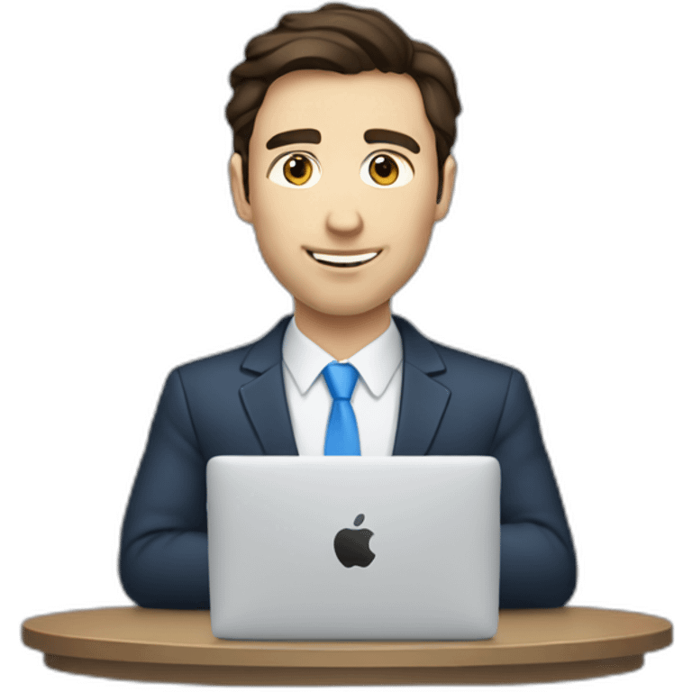 caucasian man with dark brown hair and  blue eyes wearing suit typing on a MacBook emoji