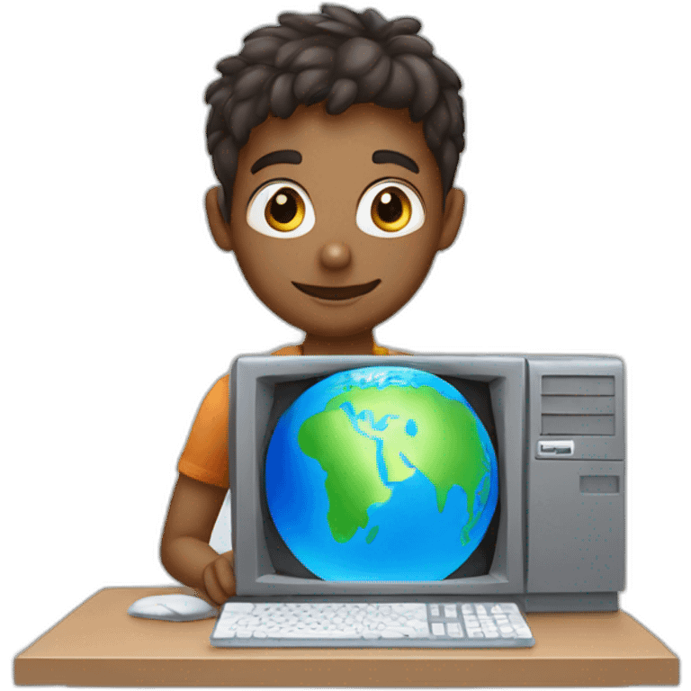 A boy with a computer and the planet Earth behind emoji