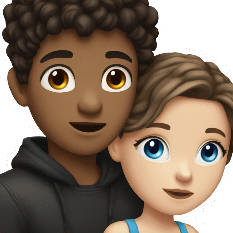 White girl with brown hair and blue eyes and black boy with black hair kissing  emoji