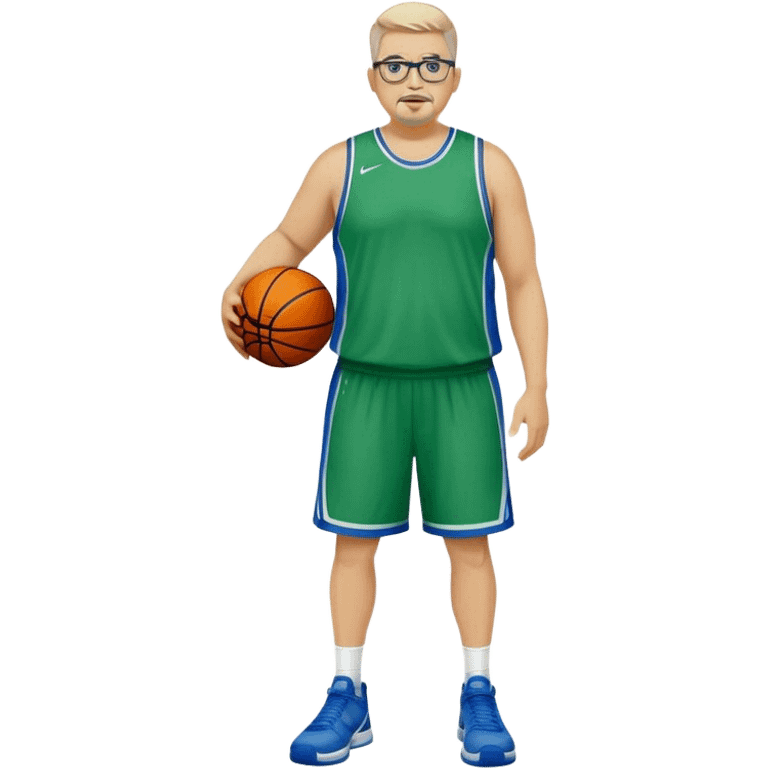 Full Body white male plus size wearing glasses with a goatee with light blonde and gray very short hair mad basketball head Coach in blue and green wearing Nike dress gear emoji