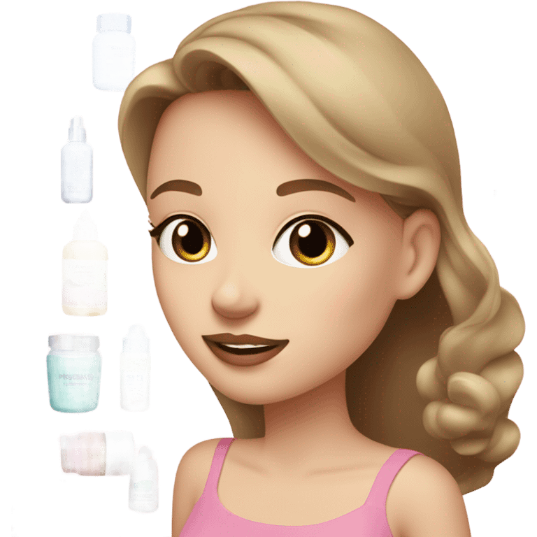 skin care cosmetics jars and tubes pink, light green and blue and a girl with light brown hair and white skin holds these jars emoji