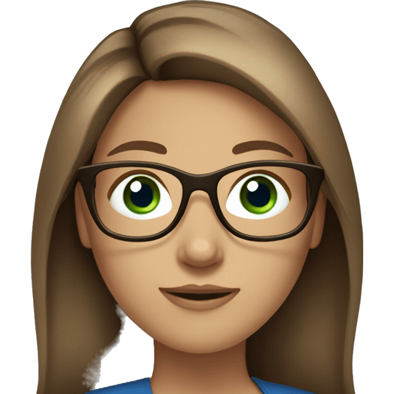 Female Accountant with glasses. Brown straight/wavy long hair with highlights and blue/green eyes emoji