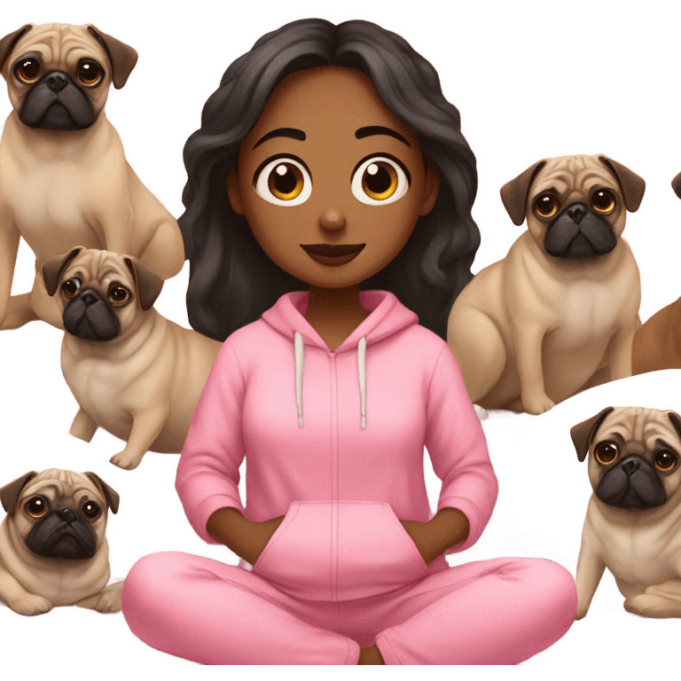 Girl in pink sweats with pugs laying on her bed emoji