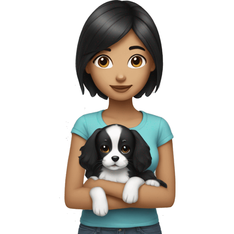 girl with long black hair holding black and white puppy emoji