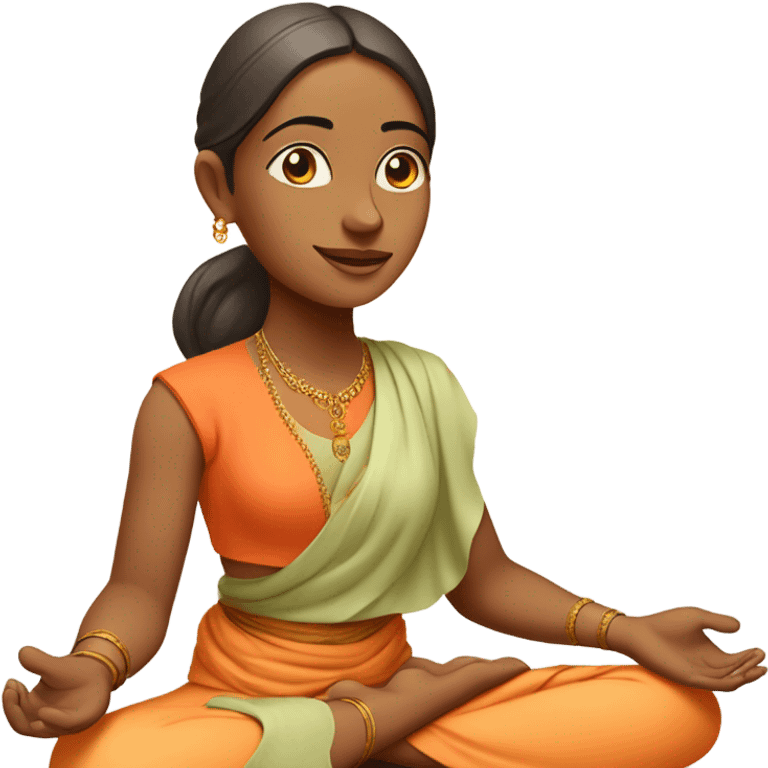 Indian female yogi with meditative expression.  sitting in a lotus position. She wears a sleeveless pastel-colored shirt paired with a flowing orange robe, symbolizing traditional yogic attire. A small red bindi adorns her forehead emoji