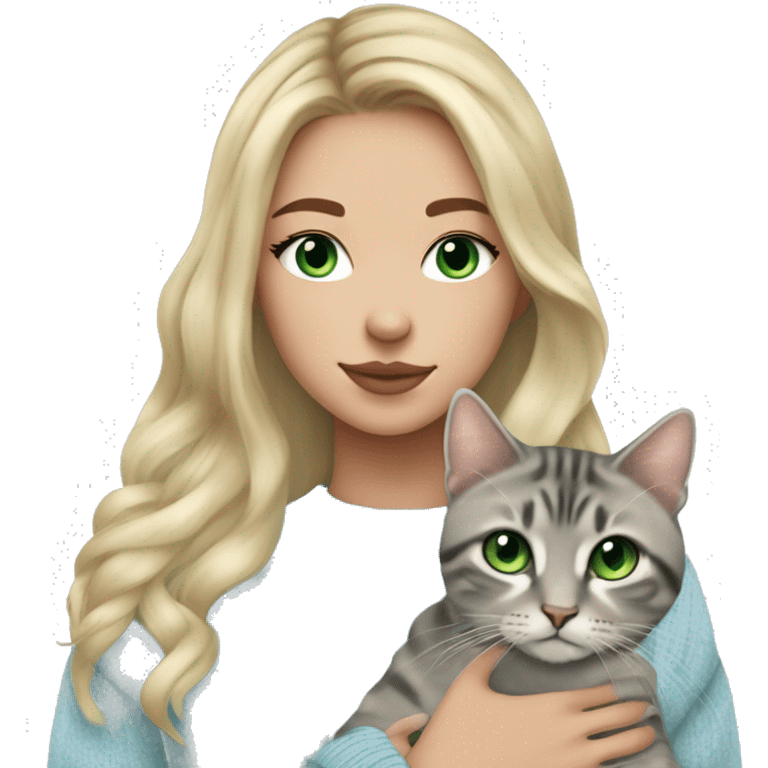 Blond chin lenght hair girl with middle part and green eyes and septum piercing in a light blue sweater holding a grey tabby cat with white paws and face emoji