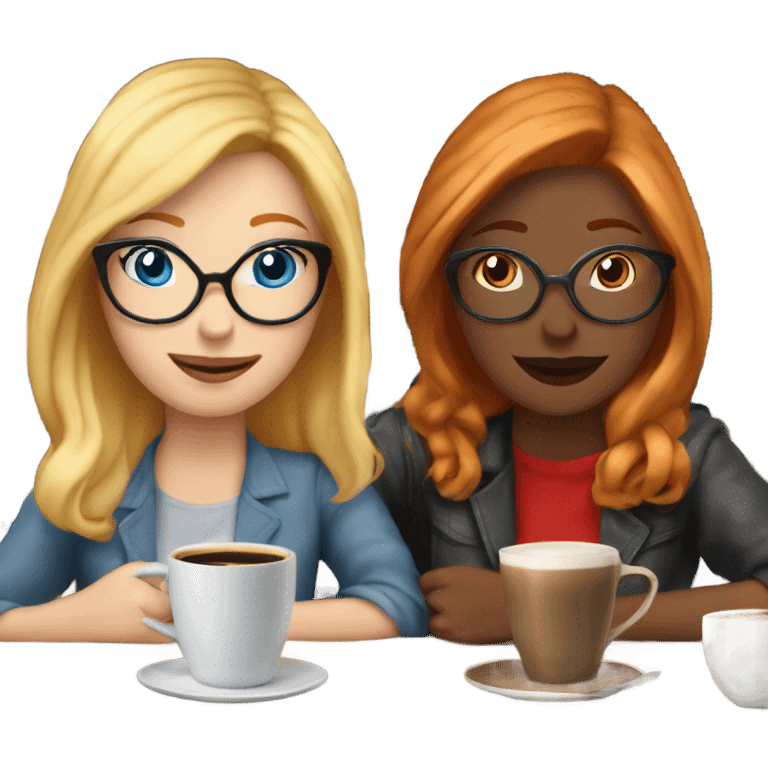 Two white girl friends one blonde in glasses blue eyes and one red headed with no glasses sitting in the coffee house drinking coffee emoji