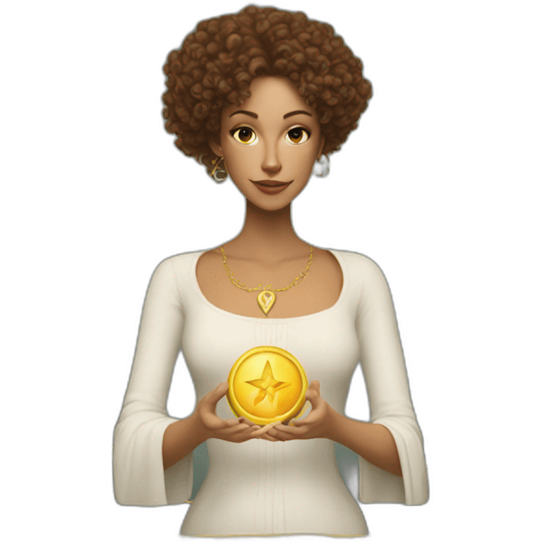 white woman with brown curls and a tarot card with gold star on it emoji