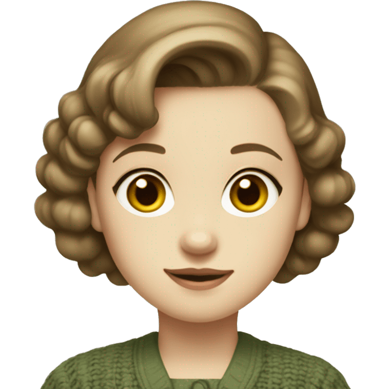 Very young girl with pale skin, straight, warm brown, short hair, a brown 1940s dress with an earthy green cardigan emoji