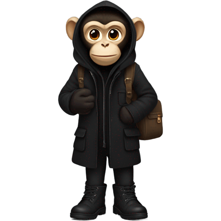 Monkey wearing black wool coat black ugg boots and a black backpack emoji